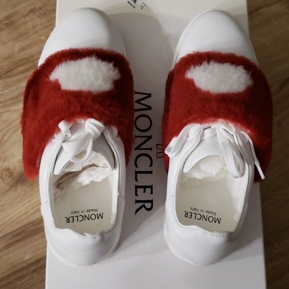 Moncler Logo White Leather Red Fur Feminine Quiet Luxury Preppy Sneakers Size 6 - Picture 2 of 4